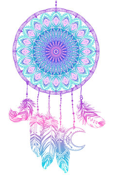 Hand drawn Native American Indian talisman dreamcatcher with feathers and moon. Vector hipster colorful gradient illustration isolated on black.