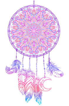 Hand drawn Native American Indian talisman dreamcatcher with feathers and moon. Vector hipster colorful gradient illustration isolated on black.