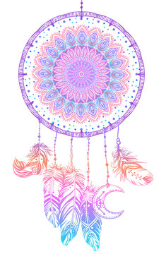 Hand drawn Native American Indian talisman dreamcatcher with feathers and moon. Vector hipster colorful gradient illustration isolated on black.