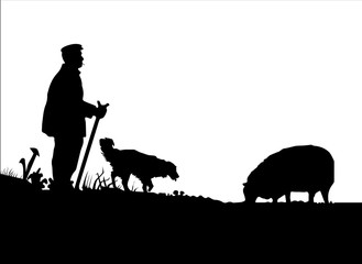 Vector Shepherd with Sheepdog and Sheep Silhouette Reversed