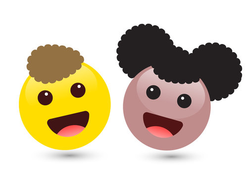 Vector illustration of two cute smiley emoticons on white background. Set of volume yellow boy and brown girl emoji