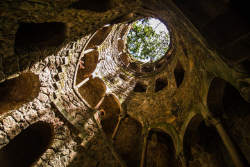 The Initiation well of Quinta da Regaleira in Sintra. The depth of the well is 27 meters. It connects with other tunnels through underground passages. Sintra. Portugal