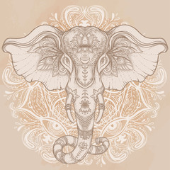 Naklejka premium Piękny ręcznie rysowane słoń w stylu plemiennym nad mandalą. Kolorowy design ze wzorem boho, psychodeliczne zdobienia. Plakat etniczny, sztuka duchowa, joga. Indyjski bóg Ganesha, indyjski symbol.