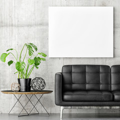 Poster with black sofa and green plant composition, 3d illustration