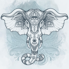 Beautiful hand-drawn tribal style elephant over mandala. Colorful design with boho pattern, psychedelic ornaments. Ethnic poster, spiritual art, yoga. Indian god Ganesha, Indian symbol.