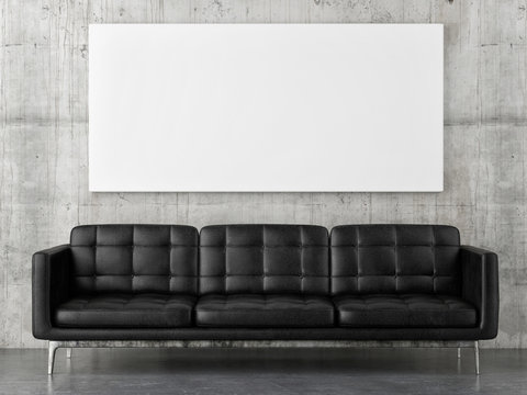 Black leather sofa with horizontal mock up poster, concrete wall background, 3d render