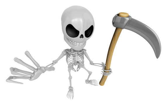 3D Reaper Skeleton Mascot a very sharp scythe brandishing. 3D Skull Character Design Series.