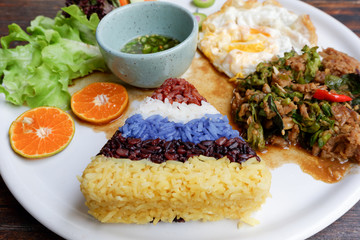 Five color rice with stir-fried pork and basil