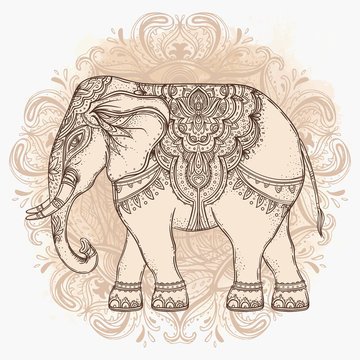 Beautiful hand-drawn tribal style elephant over mandala. Colorful design with boho pattern, psychedelic ornaments. Ethnic poster, spiritual art, yoga. Indian god Ganesha, Indian symbol.