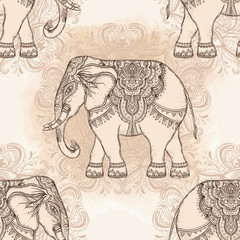 Fototapeta na wymiar Beautiful hand-drawn tribal style elephant. Seamless pattern design, ornaments. Ethnic background, spiritual art, yoga. Indian god Ganesha,