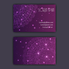 Vector vintage visiting card set. Glowing shiny floral mandala pattern and ornaments. Luxury design.