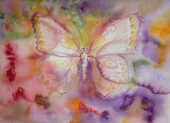 Butterfly with yellow dotted wings flying over a multicolored landscape. The dabbing technique near the edges gives a soft focus effect due to the altered surface roughness of the paper.