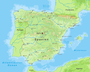 Spanien - Landkarte (mit Höhenschichten)