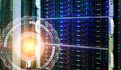 Concept of disk storage data center with information technology and database on technological background hologram. Big data concept.