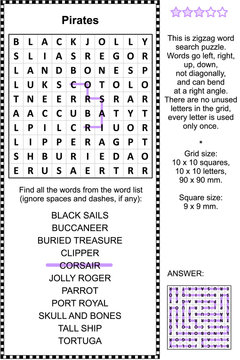 Pirates themed zigzag word search puzzle (suitable both for kids and adults). Answer included.
