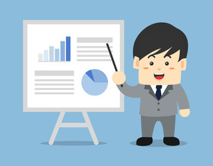 Young adult business man is pointing to the chart board. He is confident to presenting the graph of some information.