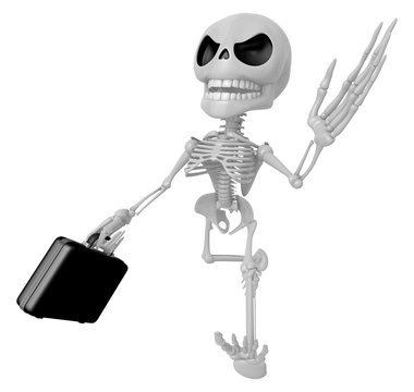 3D Skeleton Mascot is gone to work and holding a briefcase. 3D Skull Character Design Series.