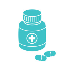 Medical pill bottle and pills icon.