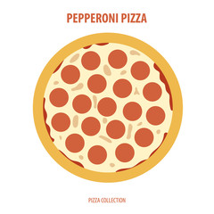 Pepperoni pizza in top view. Flat design vector illustration.