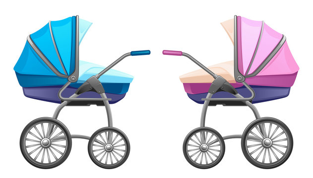 Baby pram blue and pink on a white background