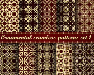 Set of ten seamless repeating ornamental vintage patterns. Template for design of wrapping paper, packaging, fabric, textile, wallpaper, tile, oilcloth and other.