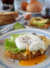 Egg poached on toast with cheese and lettuce leaves