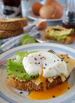 Egg Poached On Toast With Cheese And Lettuce Leaves