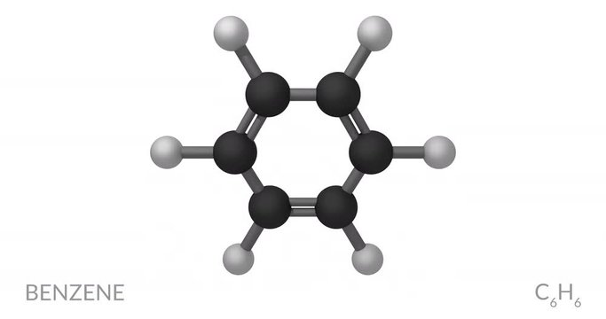 Benzene molecule, rotating seamless loop, 3d animation, 4k 30fps