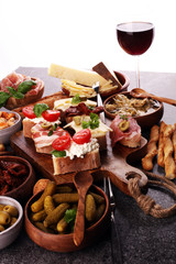 Italian antipasti wine snacks set. Cheese variety, Mediterranean