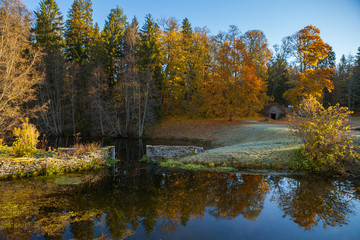 Autumn park around a pond. October fall time.