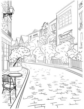 A walk through the city center of Paris,  famous district of Montmartre, the view from the stairs. Sketch, hand drawn vector image.