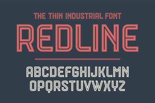 Alphabet and font Red Line. Bold, regular and medium uppercase letters. Strong trendy industrial inline font for creative design, advertising, typographic. Vector Illustration