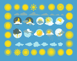 Set of weather icons vector. Sun, cloud, rain, moon