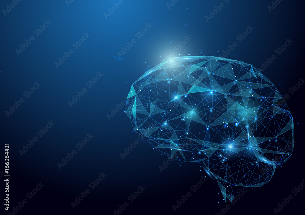 Poster low polygon brain wireframe mesh on blue background