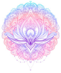 Mandala. Beautiful vintage round pattern. Vector illustration. Psychedelic neon composition. Indian, Buddhism, Spiritual Tattoo, yoga, spirituality.