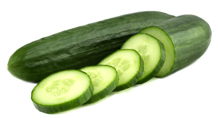 Cucumber and slices isolated over white background