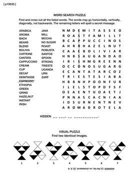 Fototapeta Puzzle page with two brain games: all about coffee themed word search puzzle (English language), and visual puzzle.  Black and white, A4 or letter sized. Answer included.  