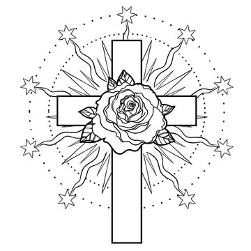 Rosicrucianism symbol. Blackwork tattoo flash. All seeing eye, Cristian cross with rose flower. Sacred geometry. Vector illustration isolated on white. Tattoo design, mystic symbol.