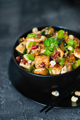 Stir fried tofu, cashew, chili on dark background