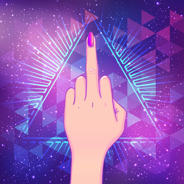 Female hand showing middle finger over triangle with rays. Feminism concept. Realistic style vector illustration in pink colors.