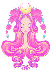 Cute teen girl with closed eyes and long hair. Mix of art nouveau and kawaii gothic style. Hipster, pastel goth, vibrant colors isolated. Vector illustration.