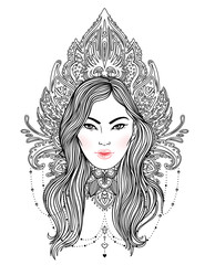 Tribal Fusion Boho Diva. Beautiful divine girl with ornate crown, kokoshnik inspired. Bohemian goddess. Hand drawn elegant illustration.