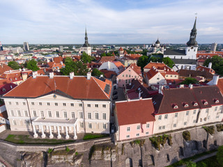 Naklejka na ściany i meble Building of government of Estonia and Church of St. Nicholas on background. The Old Town of Tallinn. Aerial view. Estonia, Europe