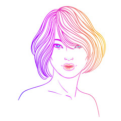 Fashion illustration. Hairstyle, dyed blue hair. Hand drawn vector art isolated on white. Skincare, professional hairdressing, beauty salon concept. Coloring book for kids and adults.