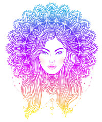 Tribal Fusion Boho Diva. Beautiful divine girl with ornate mandala-shaped halo, native American Indian feather headdress inspired. Adult anti-stress coloring book page.