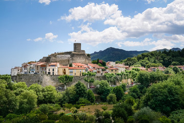 Fototapeta na wymiar Traditional catalan village in south of France with old fort at Laroque des Albères