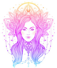 Tribal Fusion Boho Diva. Beautiful Asian divine girl with ornate crown, kokoshnik inspired. Bohemian goddess. Hand drawn elegant illustration.