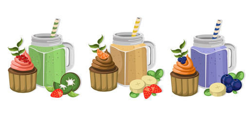 Muffins and smoothie drinks Vector set collection