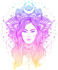Tribal Fusion Boho Diva. Beautiful Asian divine girl with ornate crown, kokoshnik inspired. Bohemian goddess. Hand drawn elegant illustration.