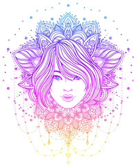 Tribal Fusion Boho Diva. Beautiful Asian divine girl with ornate crown, kokoshnik inspired. Bohemian goddess. Hand drawn elegant illustration.